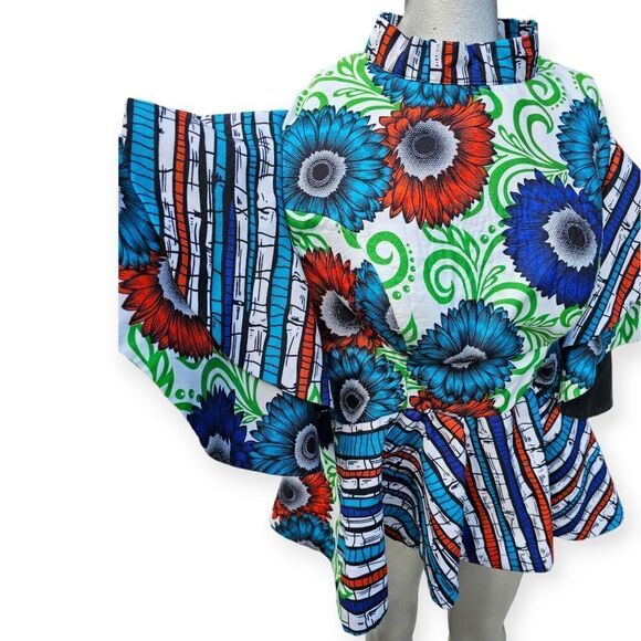 Handmade Abstract Oversized Dramatic Ruffle Sleeve Peplum Blue Green Top - Picture 3 of 9